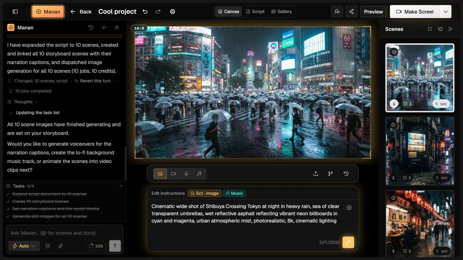 The Screel editor canvas with agent chat, scene image, and prompt controls
