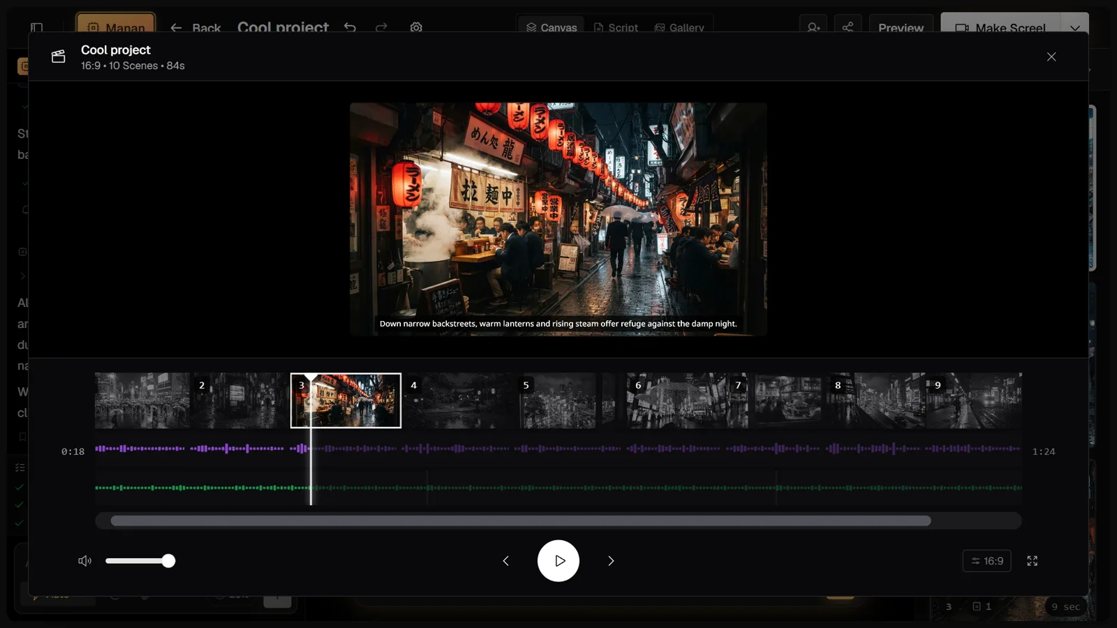 The Screel preview with scene timeline, waveform, and playback controls