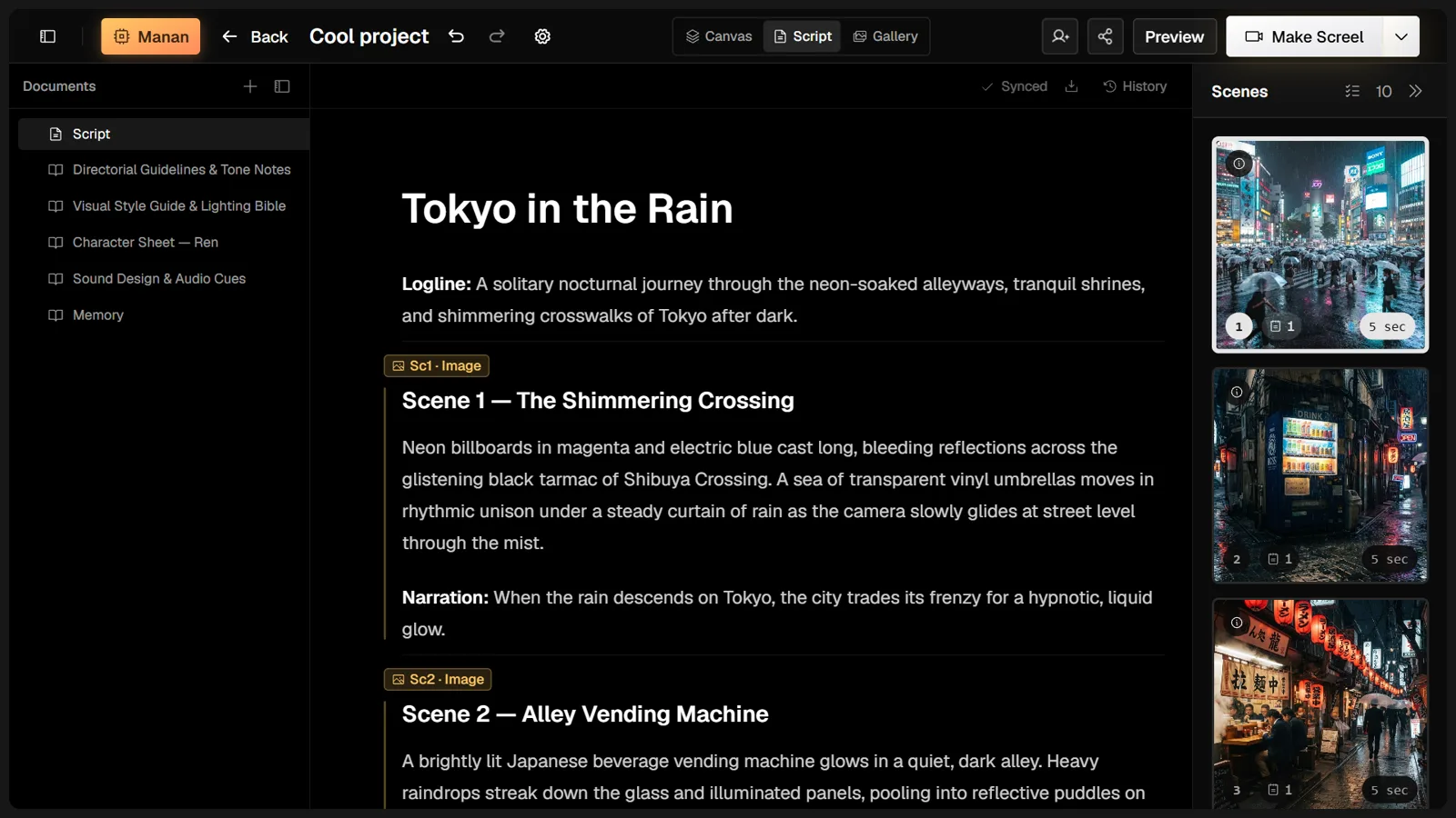 The Screel script editor with a scene-by-scene screenplay and project documents